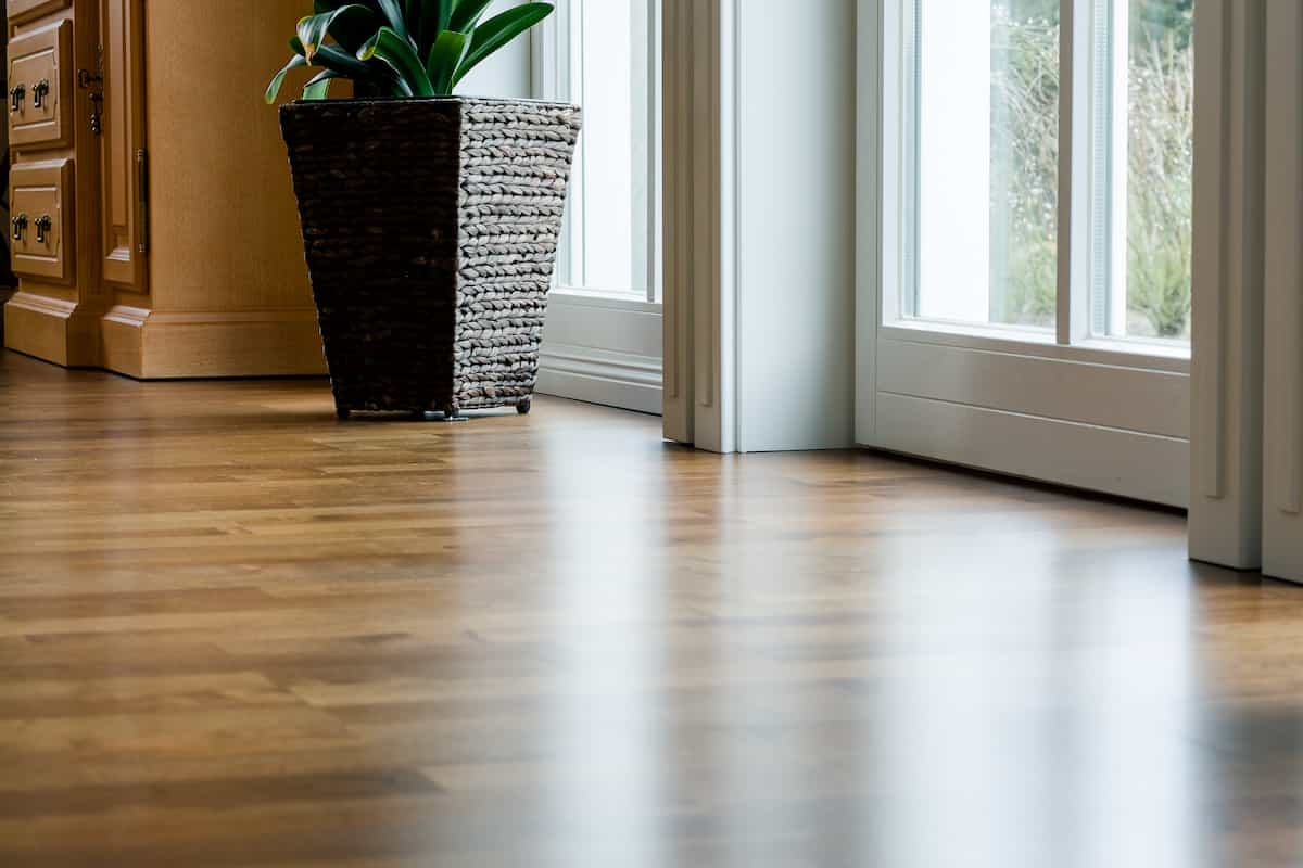 A close-up of a clean, shiny wooden floor next to large glass doors, with a woven pot containing a green leafy plant placed near the doors. Natural light brightens the room.