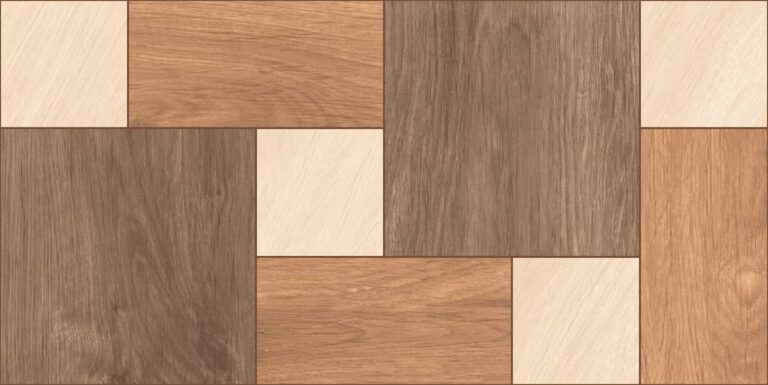 Rectangular tiles in a geometric pattern, featuring light beige, medium brown, and dark brown wood grain textures arranged in a repeating, interlocking design.